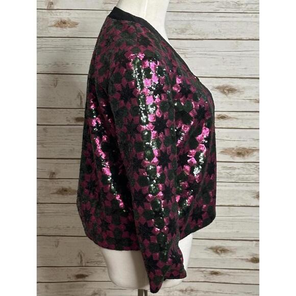 ASOS fuchsia/green geometric sequin open tuxedo jacket Size 8 - Picture 5 of 7